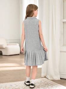 Girls' Pleated Hem Polo Neck Sleeveless Dress - Grey - View 2