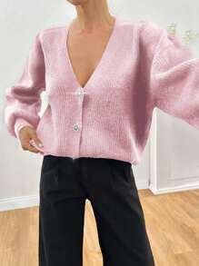 SHEIN Cottnline Women Rhinestone Flower Button Detailed Soft Touch Elegant Chick Cardigan - Baby Pink - View 4