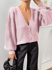 SHEIN Cottnline Women Rhinestone Flower Button Detailed Soft Touch Elegant Chick Cardigan - Baby Pink - View 6