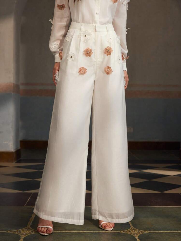 ZEYLAH Women's Floral Applique Pocketed Elegant Wide-Leg Pants For Commute Fall Cloth For Women