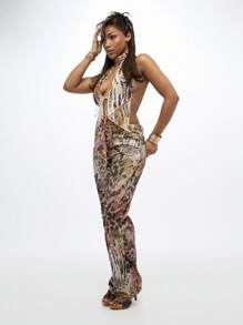 SUMWON WOMEN Top cu imprimeu și guler, fără spate, cu design fluture pentru festival, model abstract, boho, de vară, crop top, cu eșarfă, decolteu, club, petrecere, plajă, resort - Multicolor - Vizualizare 3