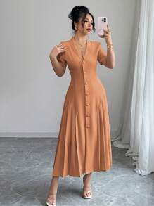 Elenzga Đầm Maxi trang trọng tay ngắn xếp ly kiểu Pháp thanh lịch, giản dị, công sở, màu trơn, cổ bẻ cài nút, eo cao cho nữ mùa xuân/hè - Màu Cam san hô - Xem 4