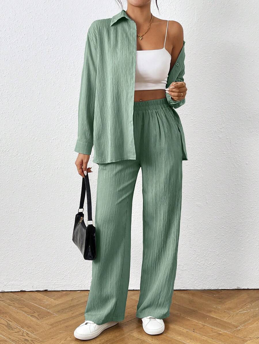 SHEIN PETITE Setelan Kasual Dua Potong Wanita Lengan Panjang Kancing Tunggal Warna Polos, Kemeja dan Celana - Cadet Blue - View 1