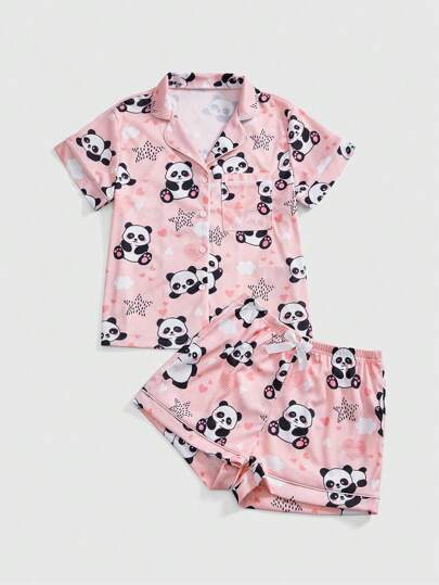 Kawaii Panda Heart & Star Pattern Ribbed Fabric Shirt Style Short Sleeve Shorts Pajama Set