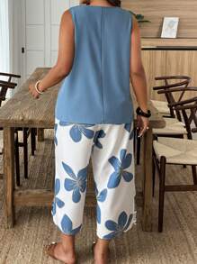 Weeklong 2pcs/Set Plus Size Sleeveless Leisure Vacation Style Floral Cut-Out Outfit