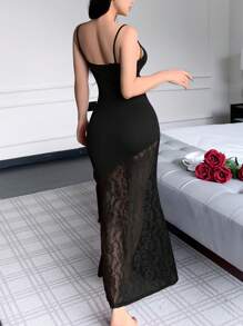 SHEIN 法式优雅蕾丝边细肩带超长睡袍，浪漫女士睡衣 - 黑色 - 查看 2