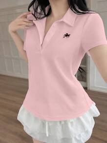 Jouncy 女式夏季骑士刺绣短袖休闲 Polo T 恤 - 粉色 - 查看 5