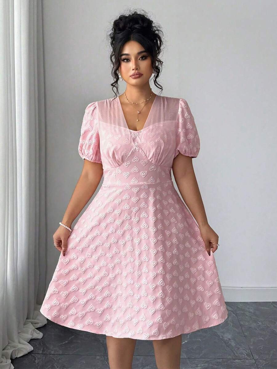 Elenzga Plus Size Women's Embossed Floral High-Quality Hot-Selling Puff Sleeve Short Vacation Summer Dress