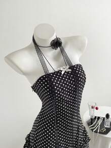 SHEIN Unity Women's Polka Dot Print Fitted Ruffle Hem Mini Dress, Holiday Resort Style - Black - View 1