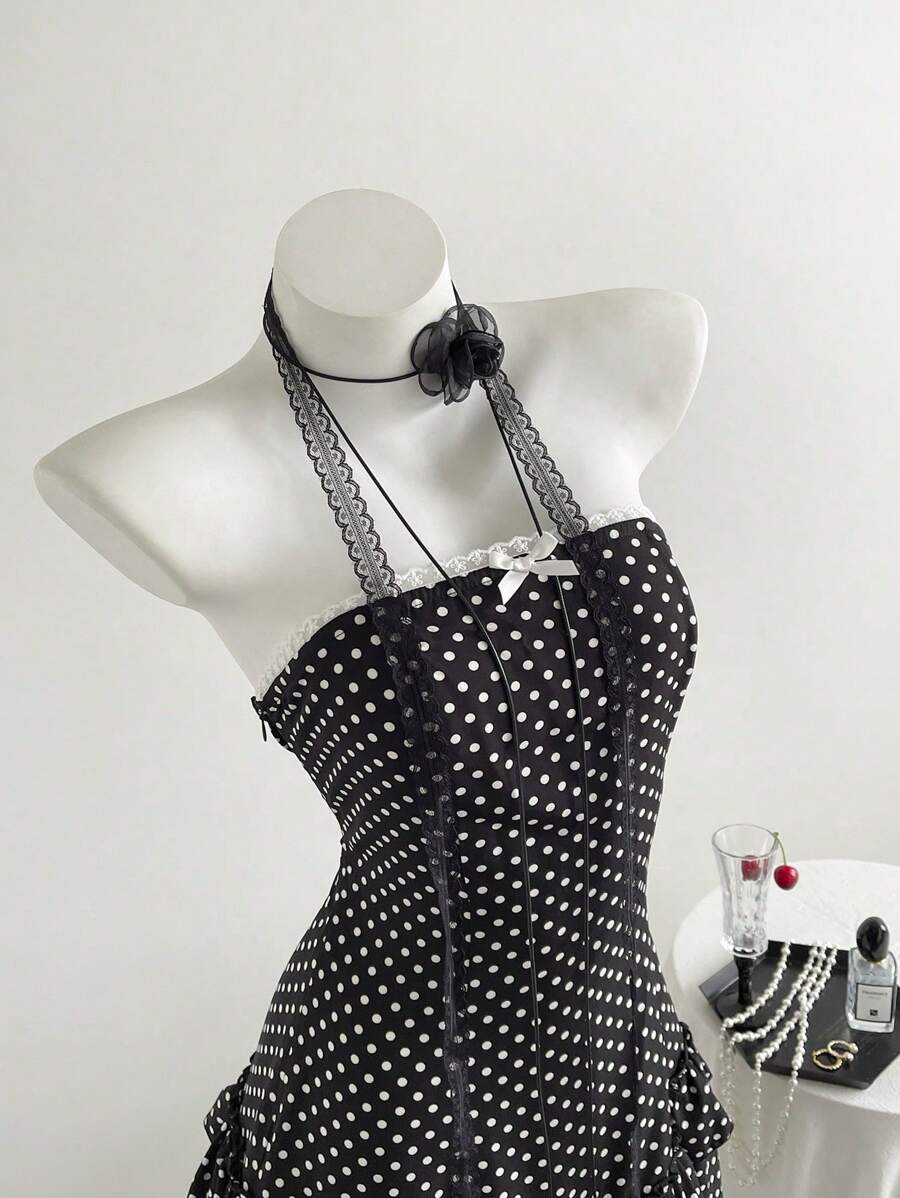 SHEIN Unity Women's Polka Dot Print Fitted Ruffle Hem Mini Dress, Holiday Resort Style - Black - View 1