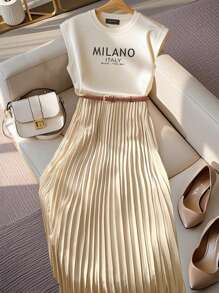 Franclia 女士针织印花无袖上衣和百褶裙套装，2 件套休闲装，杏色，不含腰带