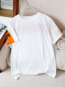 青少年男孩休闲韩版图案字母印花拼色圆领短袖上衣，适合通勤、上学、日常休闲装、运动、春夏秋冬