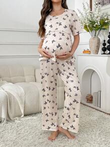 Butterfly Print Nursing Design Short Sleeve Pants Maternity Pajamas Set