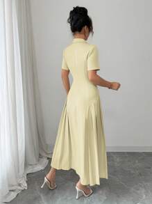 Elenzga Women's Spring/Summer French Elegant Formal Slim Fit Collared Button Front Short Sleeve Dress - Light Yellow - View 2