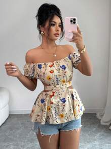 Elenzga 全新露肩泡泡袖花卉印花面料蝴蝶结设计休闲时尚修身优雅女式衬衫 - 彩色 - 查看 1