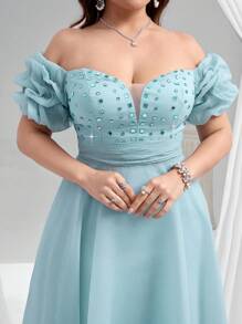 Coutiva فستان سهرة أنيق للنساء كبيرات الحجم، ذو كتف منسدل، مربعات ساخنة مرصع بالراين، كتف مكشوف، بأكمام قصيرة منتفخة، تنورة متموجة، مناسب لحفلات عيد الميلاد وحفلات التخرج والعشاء. فستان سهرة مزين بالترتر والدانتيل الأزهار والتجاعيد والكشكشة والساتان، مناسب للسهرات الرسمية وحفلات الزفاف وعيد الحب - أخضر - مشاهدة 5