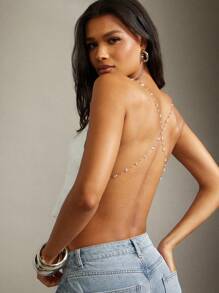 Denimoi Top sin mangas con cuello de cadena y estampado decorativo para mujer - Blanco - Ver 4