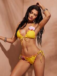 Hauture Bikini họa tiết hoa lan trơn tương phản ở mép rau diếp gợi cảm cho kỳ nghỉ hè - Màu vàng - Xem 3