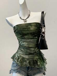 SHEIN EZwear Top a canottiera da donna con stampa floreale, in rete e arricciata