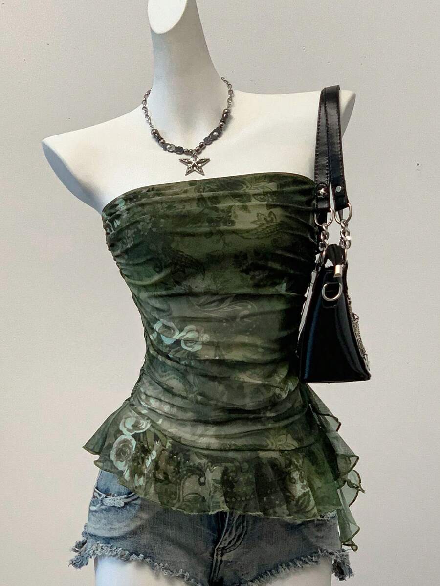 SHEIN EZwear Women's Fashionable Printed Mesh Ruffle Hem Camisole Top, Summer - Army Green - View 1