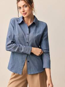 BizChic 2025 夏季新款牛仔蓝领长袖女衬衫，商务休闲日常通勤优雅海滩度假适合婚礼宾客乡村音乐节早餐机场 90 年代复古斯德哥尔摩风格美国独立日蓝色女士衬衫工作上衣商务休闲上衣女士办公室衬衫女士商务休闲衬衫 - 藍色 - 查看 5