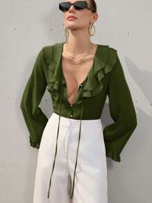 Aveloria Modichic 裸色薰衣草女士雪纺层叠荷叶边下摆透视浪漫优雅性感通勤休闲百搭长袖衬衫 - 綠色 - 查看 4