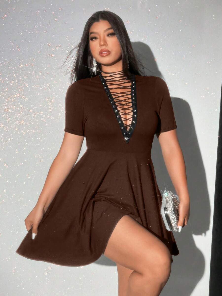 Viva Relle Plus Size Women Summer Sexy Ribbed V-Neck Tie Front Dress - Coffee Brown - View 1