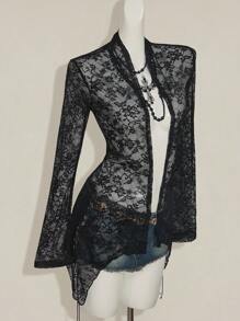 SHEIN ICON Sexy Lace Asymmetrical See-Through Cardigan Top - Black - View 6