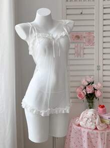 PetitDoll 2件套蕾丝和网眼透视性感A字型内衣睡袍套装，适合外出穿着