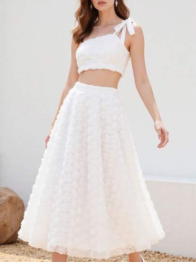 Aveloria Rosie 白玫瑰3D花卉面料甜美A字腰弹性腰纯色优雅度假婚礼宾客长裙女士