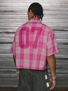 AXEPEAK 多种尺码男士 Polo 领短袖宽松印花侧缝拼布衬衫，街头潮流 - 粉色 - 查看 5