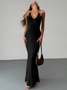 Aloruh Apricot Backless Halter Bodycon Dress With 3D Flower Summer Knit Texture, For Romantic Date Vacation - Black - View 5