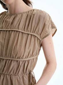 Aalyst Women's Casual Round Neck Short Sleeve Pleated Layered Minimalist Drawstring Bowknot Solid Color Blouse, Spring/Summer