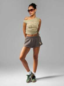 Missguided x Playboy One Shoulder Side Tie Crop Top Sports Number Graphic Print Casual Summer Streetwear T-Shirt - Green - View 3