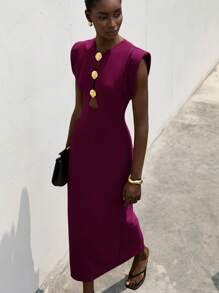 Aveloria Modichic Vestido con hebilla metálica hueca en la cintura y hombros dramáticos para mujer - Morado - Ver 4