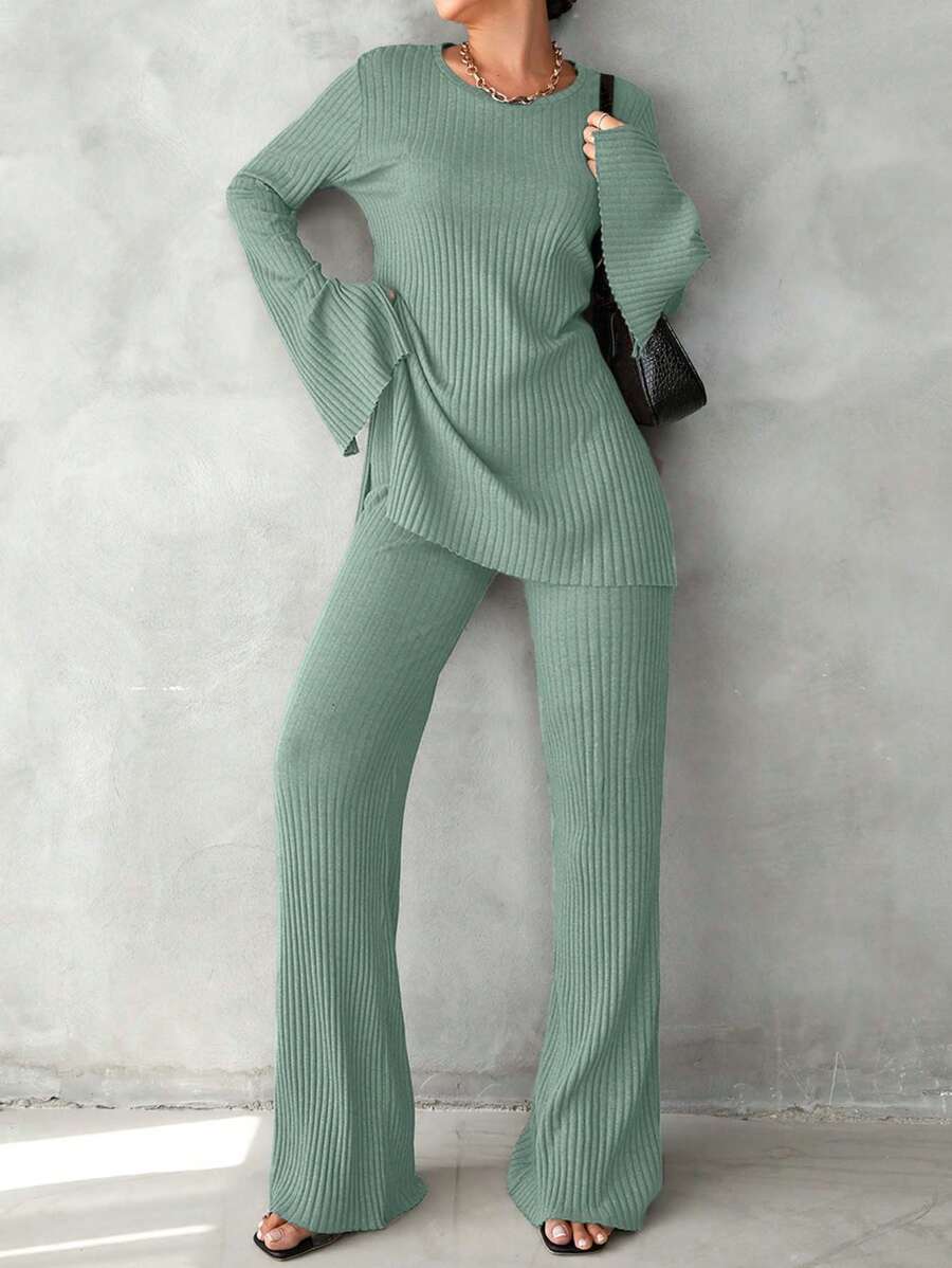 EURMUSE 2pcs/Set Women Solid Color Round Neck Open Cuff Ribbed T-Shirt & Pants Casual Sets - Olive Green - View 1