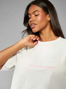 MISSGUIDED 超大号纯棉基本款 T 恤休闲夏季春季休闲街头潮流粉色文字时尚必备简约周末装 - 白色 - 查看 4