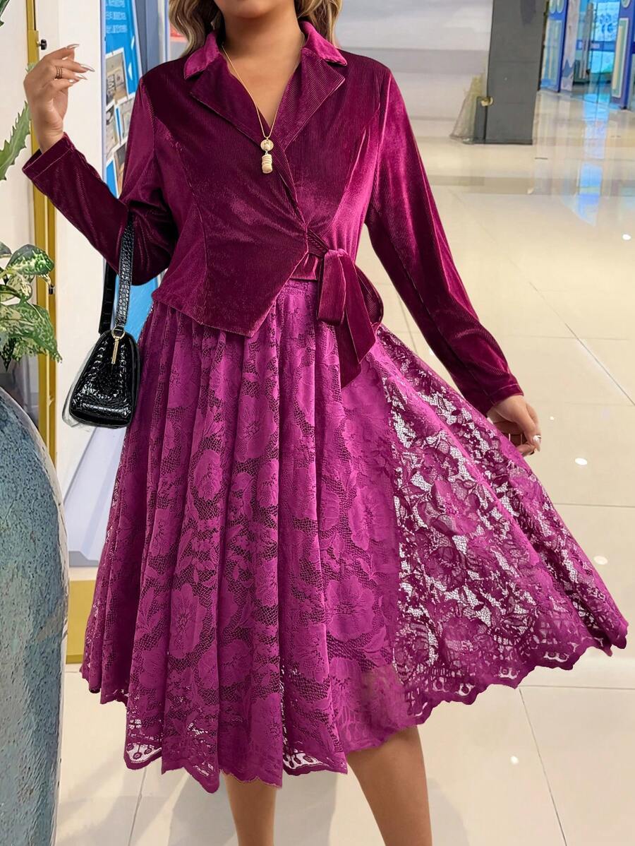 SHEIN Clasi Váy dài tay thêu ren thanh lịch cỡ lớn, mùa xuân/thu - Màu tím - Xem 1