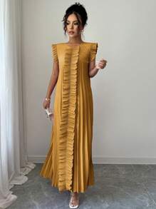 Elenzga 休闲圆领百褶女式连衣裙 - 咖啡棕 - 查看 3