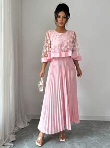 Elenzga Women's 3D Floral Mesh Patchwork Dress, Suitable For Wedding, Birthday Party, And Other Occasions, Autumn - Pink - View 3