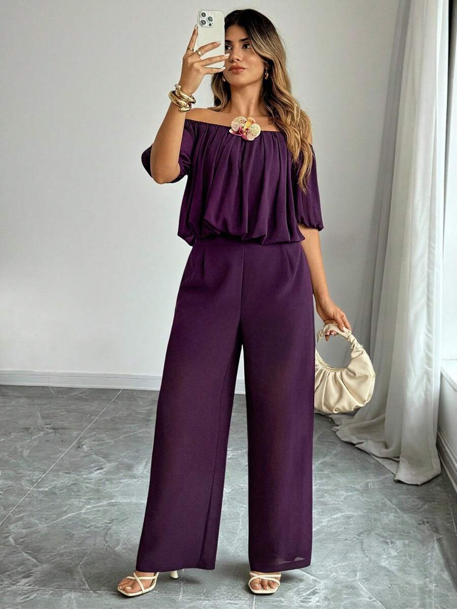 Flirla Plus Size Women Off Shoulder Top And Pants Two Pieces Set - Purple - View 1