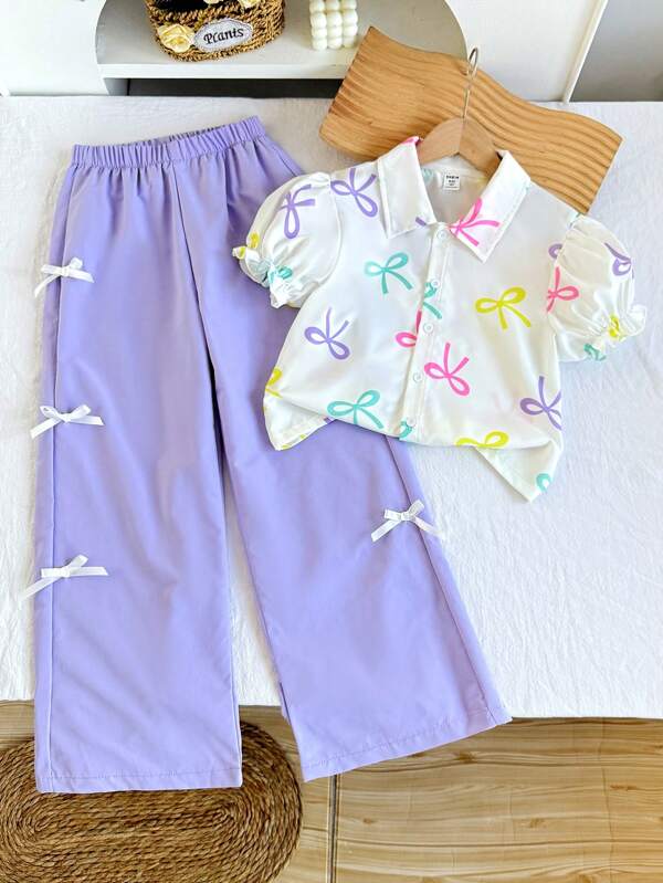 SHEIN Conjunto de 2 piezas: Camisa blanca con mangas abullonadas y lazo colorido + Pantalones morados anchos y sueltos para niñas preadolescentes, atuendo casual y de vacaciones, verano