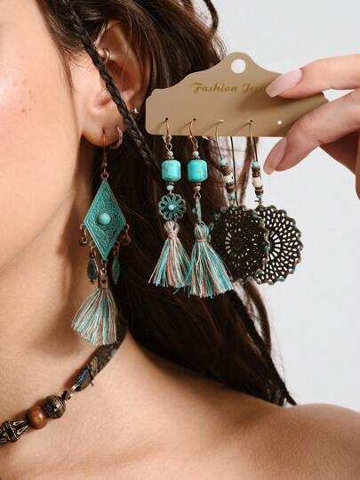 Hippie 6pcs Bohemian Tasseled Long Turquoise Green Geometric Pendant Earrings Set For Women, Boho Jewelry