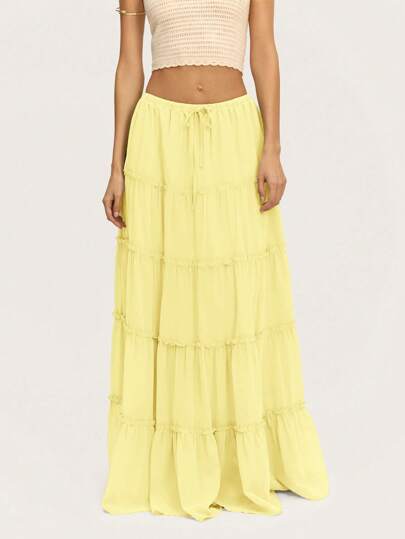 Nöista Women Solid Color Maxi Skirt Tie Ruffled Spring Summer
