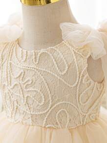 Baby Girl Lace Tulle Vacation Dress, Flower Girl Wedding Party Puff, Champagne Color, Bowknot Decor Fall Winter - Champagne - View 8