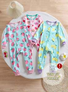 3pcs/Set Baby Girls' Spring/Summer Knit Round Neck Long Sleeve Jumpsuit, Fruit Print Design Of Peach, Lemon, Strawberry, Colorblock, Casual Homewear Set Snug Fit Fall Winter - Multicolor - View 6