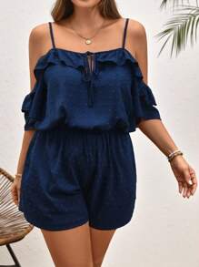 INAWLY Plus Size Women Holiday Solid Ruffled Off-Shoulder Fashionable Jumpsuit - Navy Blue - View 4