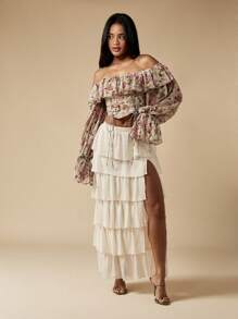 MISSGUIDED Tiered Ruffle Chiffon Maxi Skirt With High Side Split Festival Bohemian Summer Beach Vacation Resort Wear - White - View 3