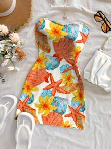 Soleia Vestido mini estampado con elementos acuáticos en naranja vibrante de acuarela para mujer, versátil y casual para uso diario, citas, te de la tarde, playa, crucero, vacaciones en la ciudad, adecuado para todas las estaciones, boda, playa, vacaciones de primavera/verano, crucero, vacaciones en una isla, festival de música, vacaciones bohemias
