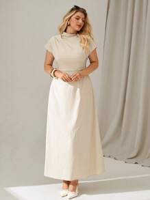 Auralis Damen Große Größen Sommer V-Ausschnitt plissiertes Fledermausärmel Elegant Kleid - Aprikosenfarben - Übersicht 1